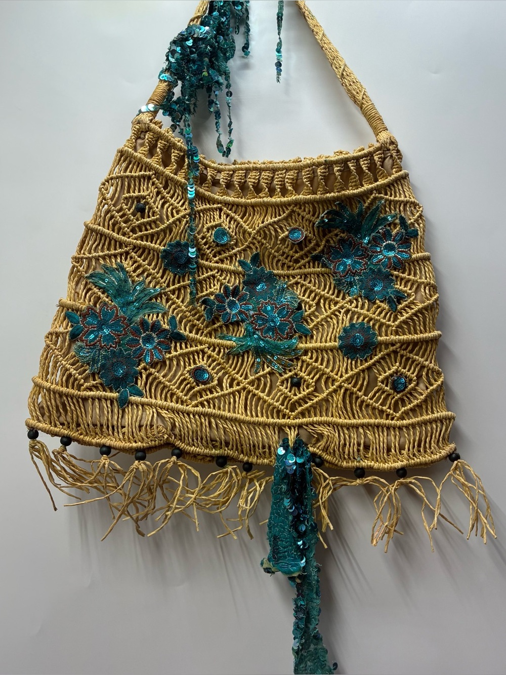 Vintage Y2K Gap Blue Sequin Macrame Straw Shoulder Bag Purse Floral Fringe Boho